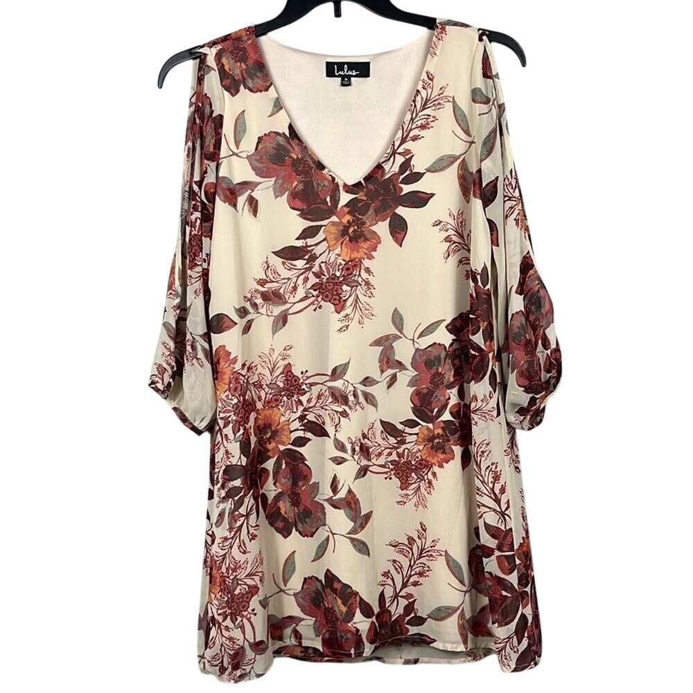 Lulus Long Sleeve Cold Shoulder Dress Floral‎ Sheer Womens Size Small Tan